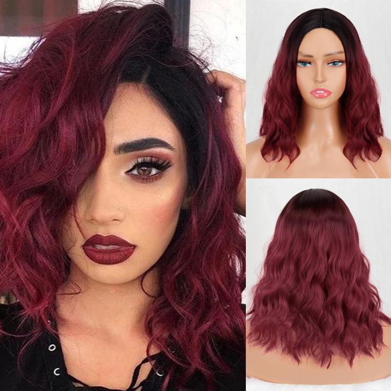 MERISIHAIR Women Short Bob Natural Wavy Pink Wig with Bangs Synthetic Fiber Short Water Wave Wig Daily Wear Cosplay