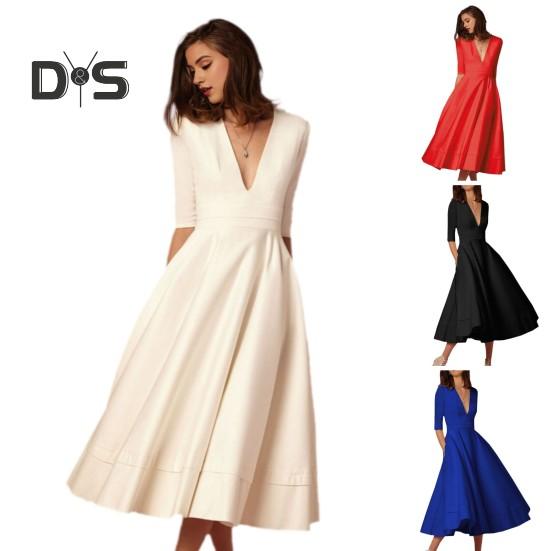 Women Midi Dress Deep V Neck A-line Flowy Hem Solid Color Half Sleeves Pure Color Dating Dress Prom Party Banquet Evening Dress