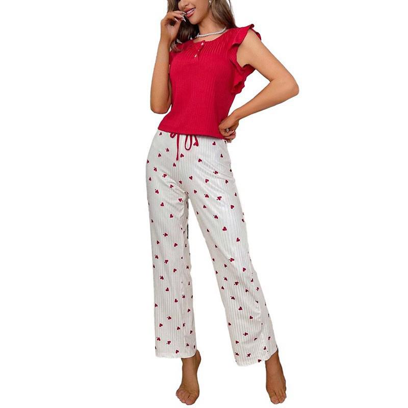 Heart Print Ruffle Casual Homewear Set – Women's Long Pants & Flying Sleeve Top, Wearable Outside, European American Style