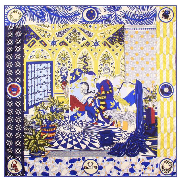 Manual Hand 90cm Rolled Twill Silk Scarf Women Palace Print Square Scarves Wraps Echarpe Curled Foulards Femme Bandana Hijabs