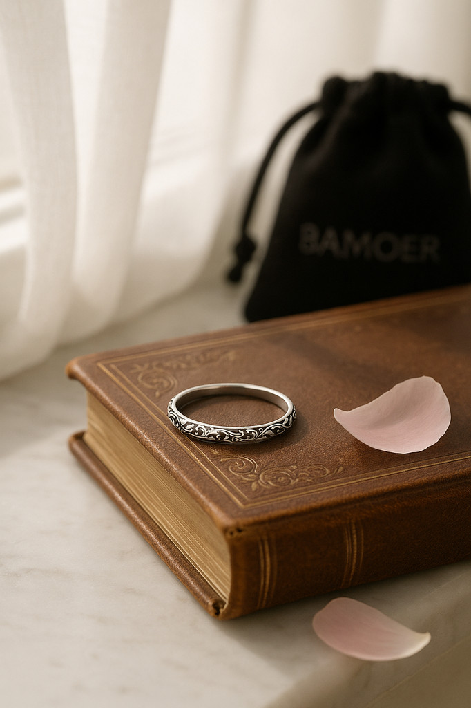 Bamoer Real 925 Sterling Silver Retro Black Engraved Pattern Rings for Women Stackable Rings