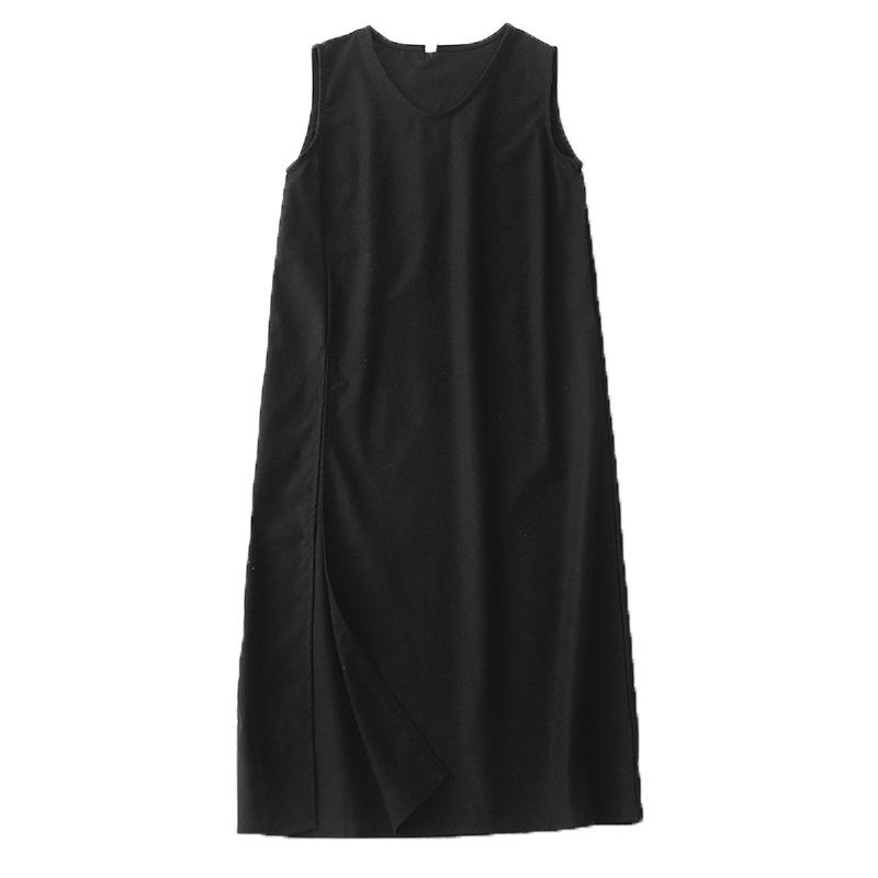 2025 summer new solid color cotton and linen split dress women's sleeveless simple V-neck over-the-knee vest skirt
