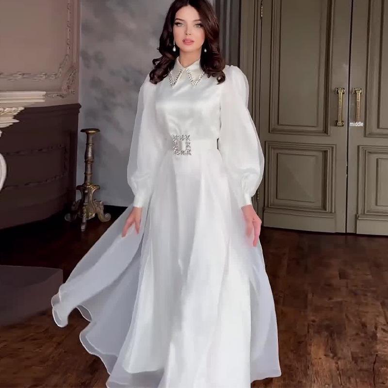 

2024 European & American Women s Rhinestone Lapel Mesh Long Dress - Elegant Summer Socialite Style XXXL білий