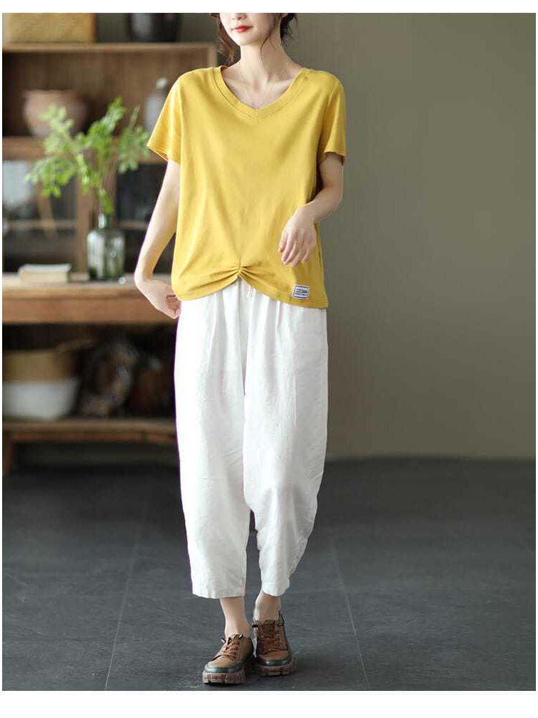 Women's Washed Cotton Elastic Waist Casual Summer Harem Pants with Lace-Up Detail