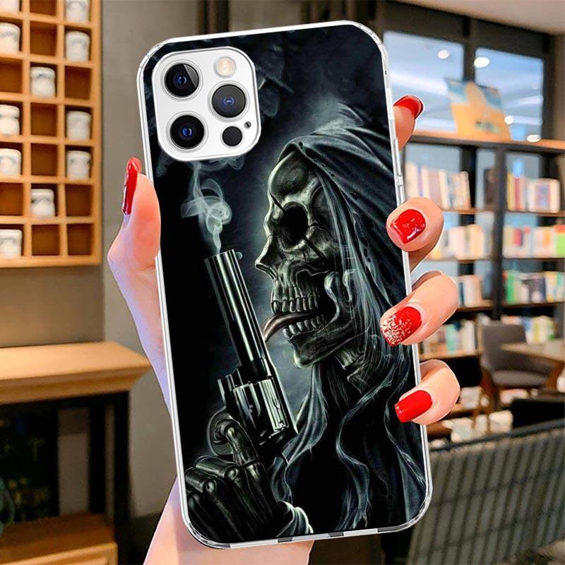 

Чехол для телефона с принтом черепа жнеца, скелета и пистолета для iPhone 16 17 Air 15 14 Pro Max 16E Чехол для телефона 13 Mini 12 11 7 SE 8 iPhone 16 Pro Max