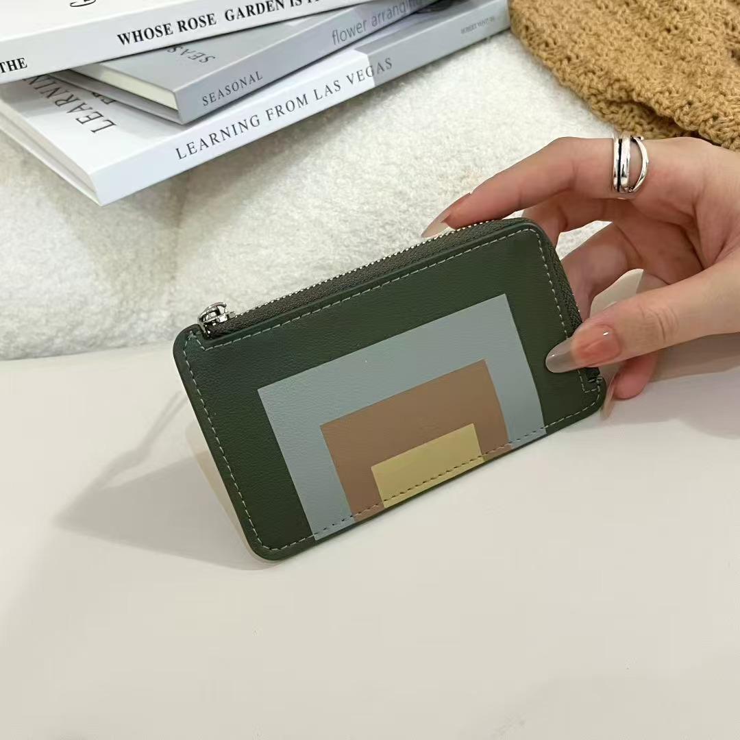 

Printing Women Real Leather Slim Card Holder Color Block Zip Pocket Cards Coins Cash Portable Daily Coin Purse Small Wallet