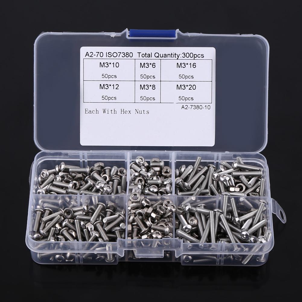 300pcs M3 Stainless Steel Button Head Hex Socket Screws Assortment Kit with Nuts