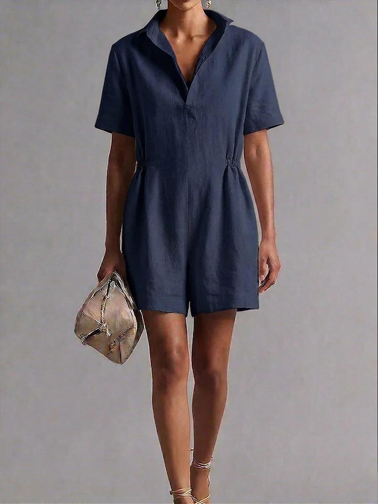 Cross-border European and American casual onesie shorts women's 2026 new short-sleeved waist loose and thin cotton and linen casual wide legs