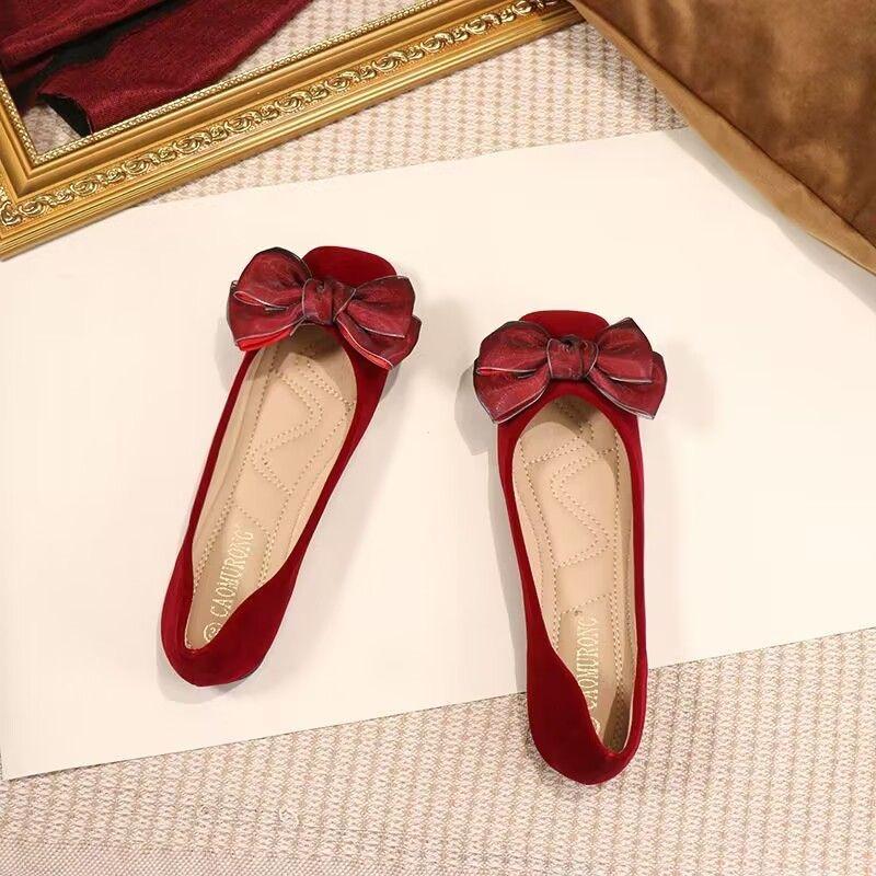 2025 Spring Summer Shoes Women Flats Soft Elegant Woman Boat Shoes Flat Bowknot Single Red Plus Size 42 D307