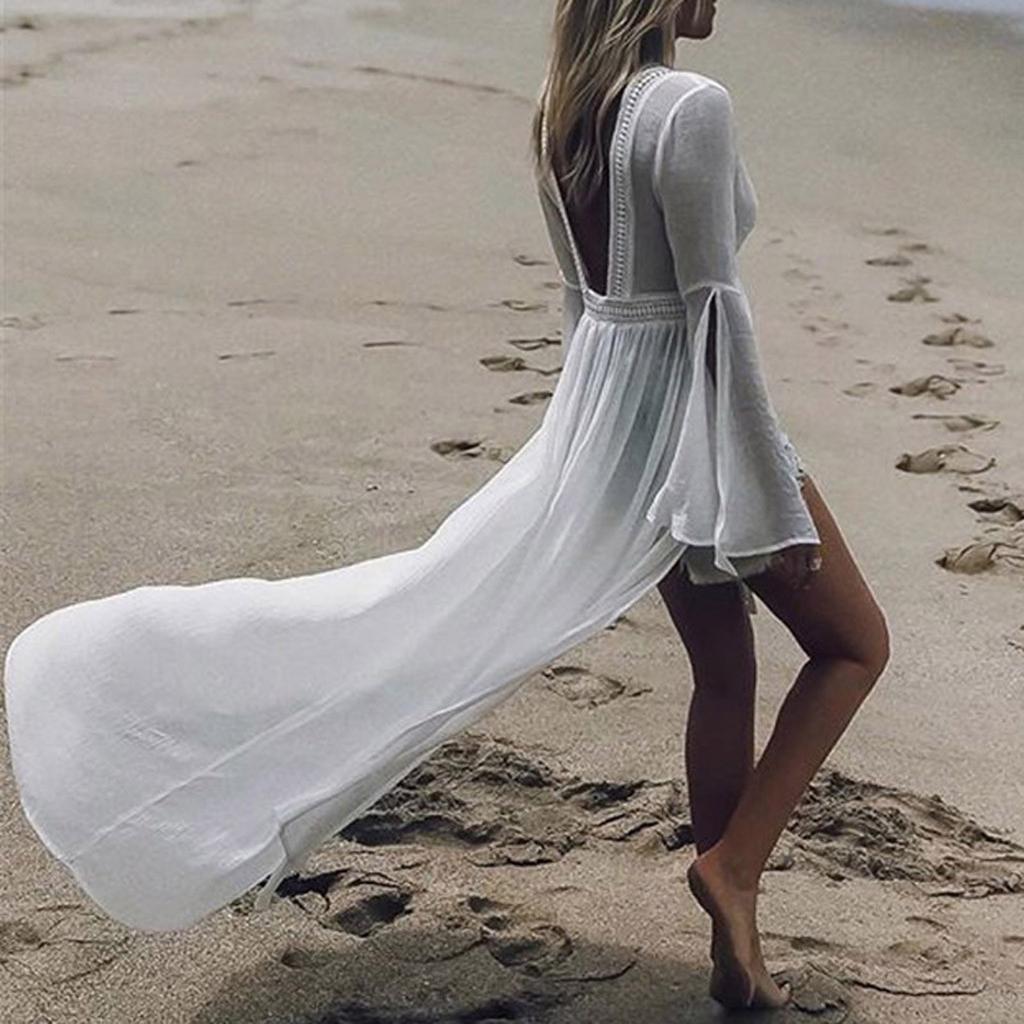 Women's Fashion Bikini Cover Up Slub Bell Sleeve Lace Loose Beach Swimsuit Cover Up