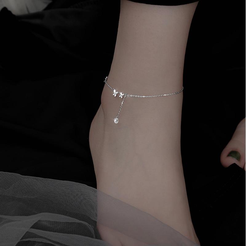 925 Silver Butterfly Anklet for Women Delicate Zircon Tassel Bracelet Summer Jewelry Dropship