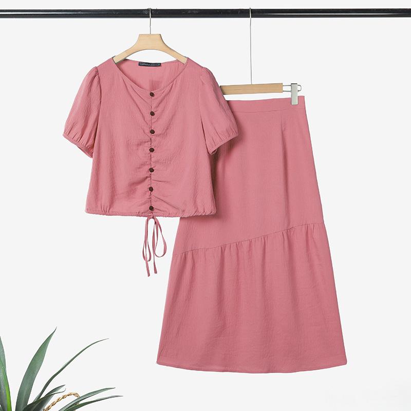 

ZANZEA Женская блузка с коротким рукавом на кулиске и длинные юбки Летние комплекты из двух предметов 4XL розовый