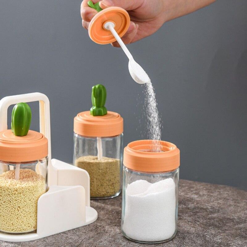 Transparent Glass Spice Jar For Salt Sugar Pepper Powder With Cactus Lid And Spoon Seasoning Bottle Salt Glass Jar For Kitchen