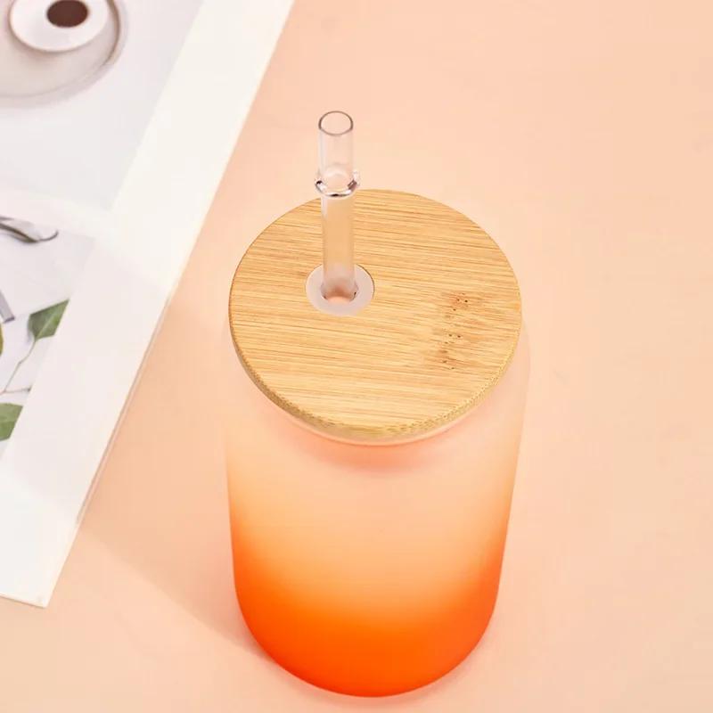 16oz Water Bottle with Straw Juice Glass Beer Can Gradient Color Milk Mocha Cup with Bamboo Wooden Lid Household Drinking Cups