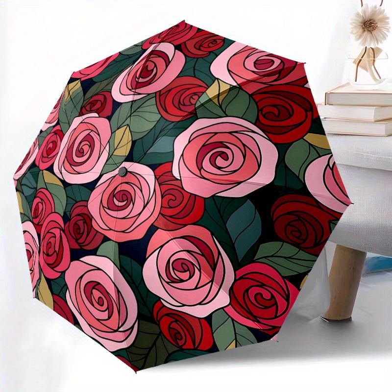 1pc Roses Pattern Folding Umbrella With Excellent UV Protection, 8 Ribs Casual Durable Lightweight Portable Travelling Umbrella For Men & Wo