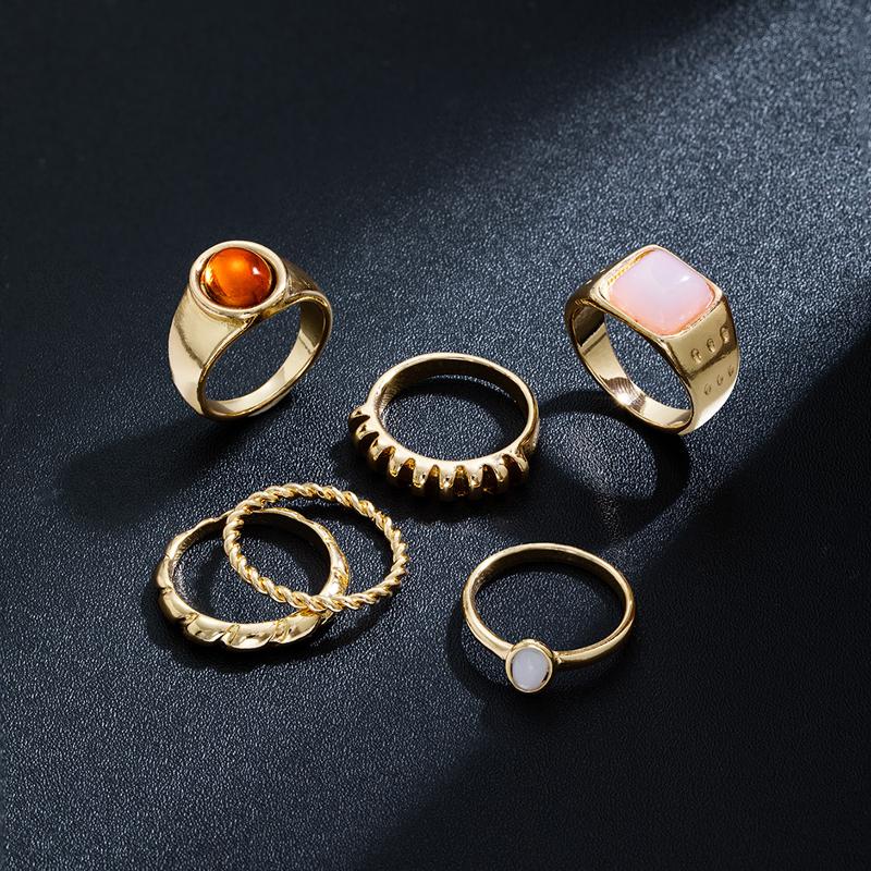 6Pcs/Set 2026 New Brown Stone Widened Opening Rings Set for Women Simple Twisted Lines Personality Finger Rings Party Jewelry