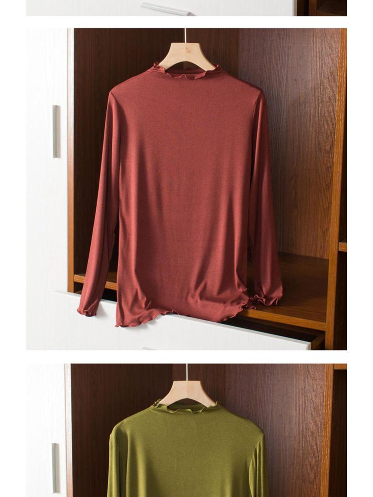 Women's Korean Style Modal Long Sleeve Base Layer T-shirt, Half-High Neck, Plus Size, Thin, Solid Color, Autumn Top