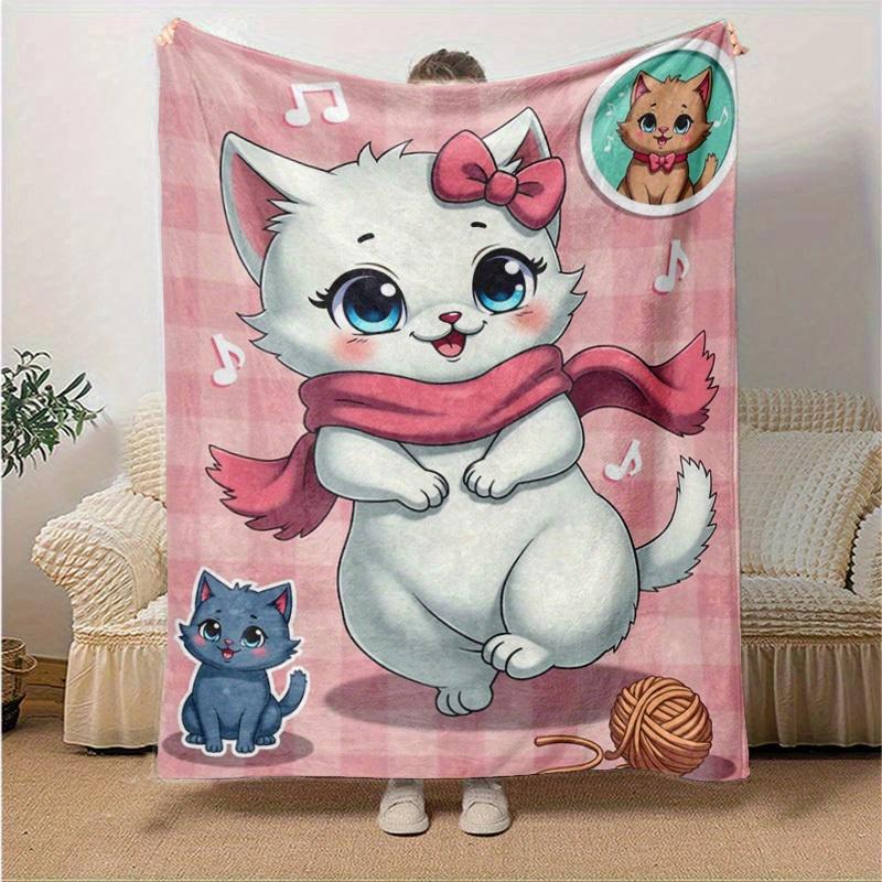 1PC Cute Cartoon Cat Blanket, Seasonal Universal Home Decoration Blanket, for Decorating Your Own Sofa and Living Room, Super Soft Flannel,