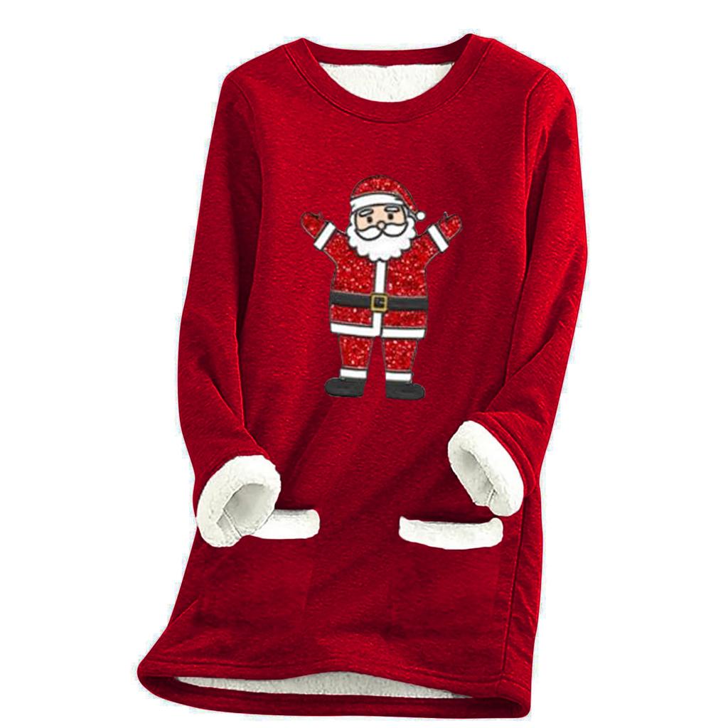 Ladies' Loose And Comfortable Round Neck Christmas Print Thick With Pockets Long Sleeved Top