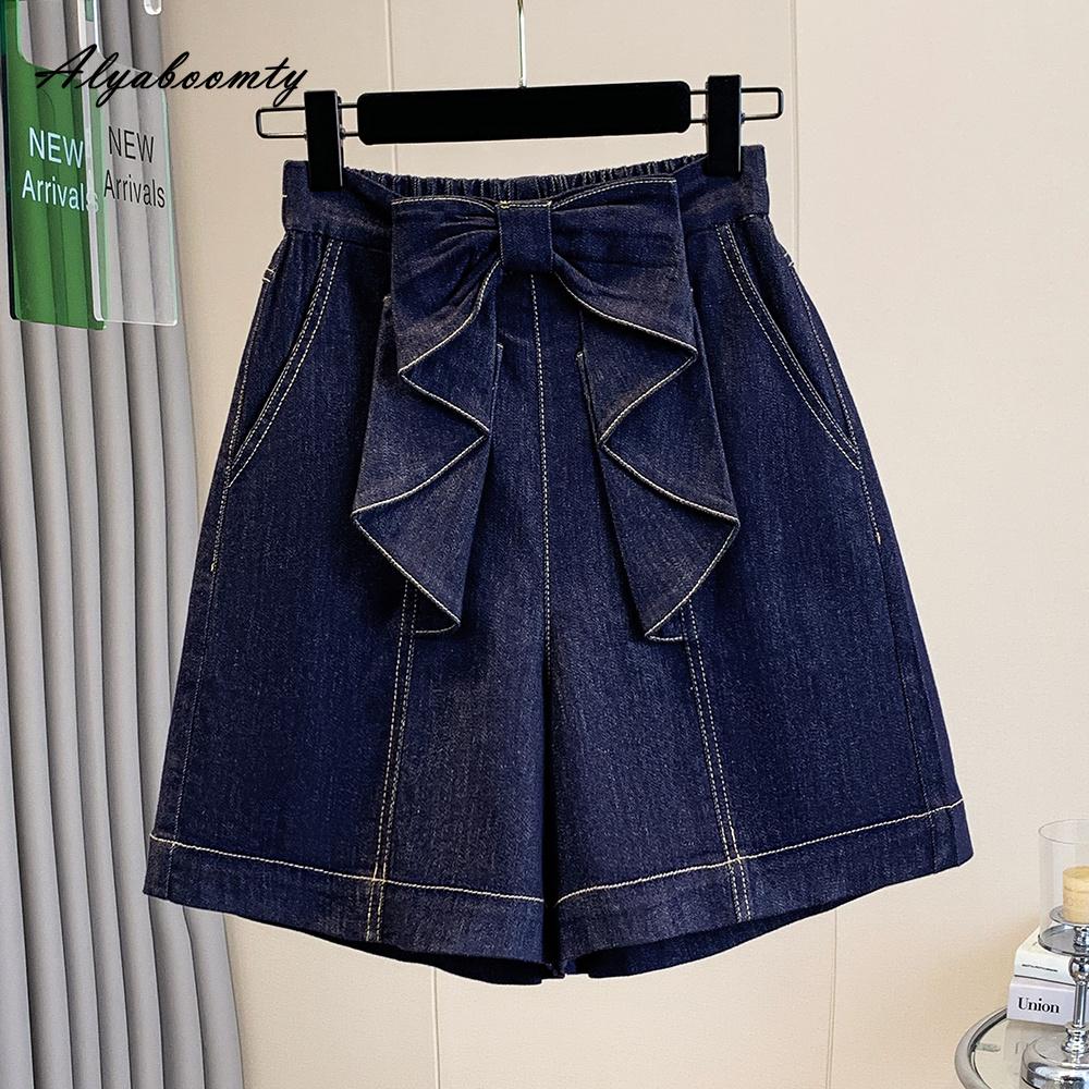 Korean Style Summer Women Basic Shorts High Waist Bow Stylish Blue Denim Straight Shorts Casual Loose Plus Size Streetwear Ladies' Shorts XL-5XL