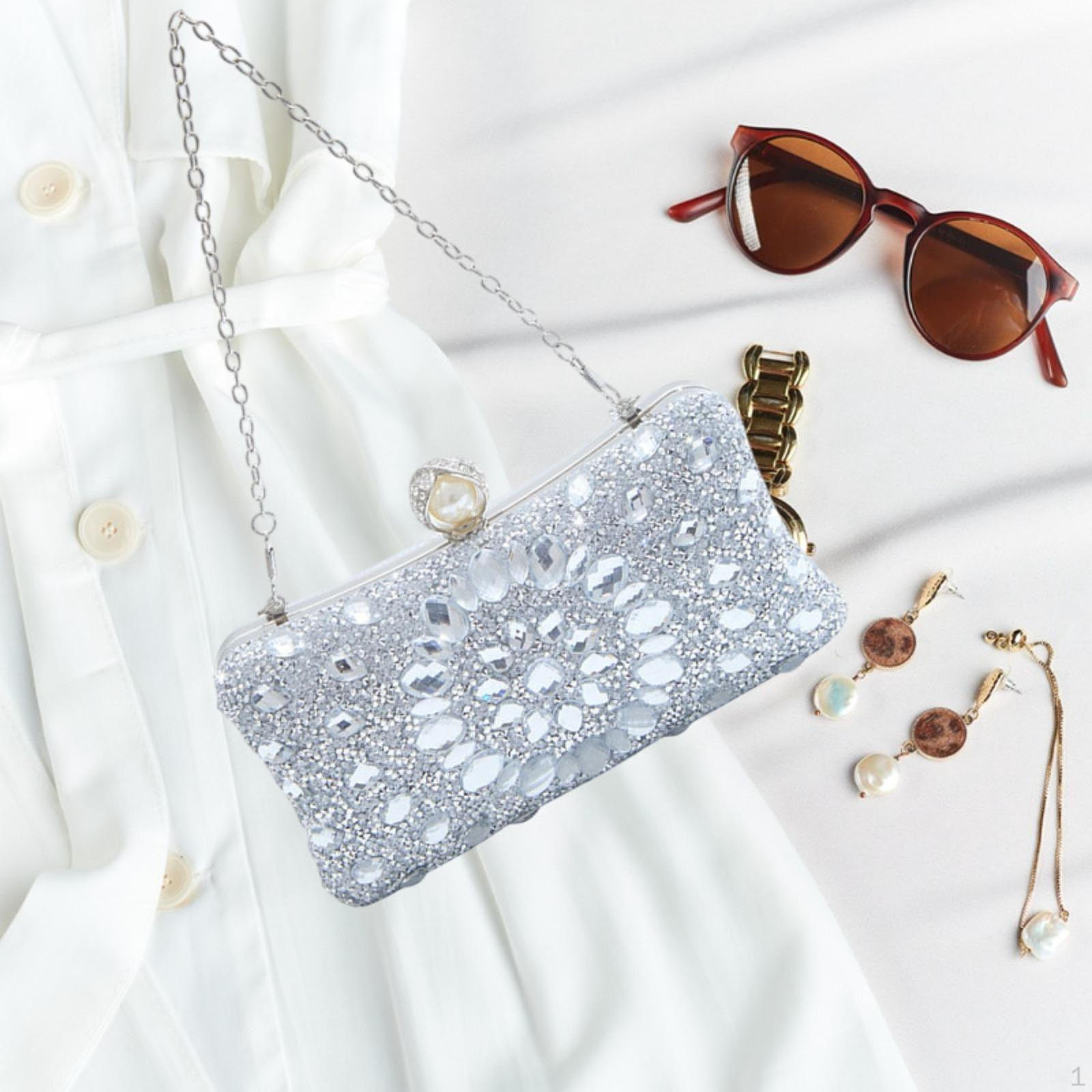 

Elegant Rhinestones Clutch Purse with Chain Strap for Engagement Prom Dating срібний