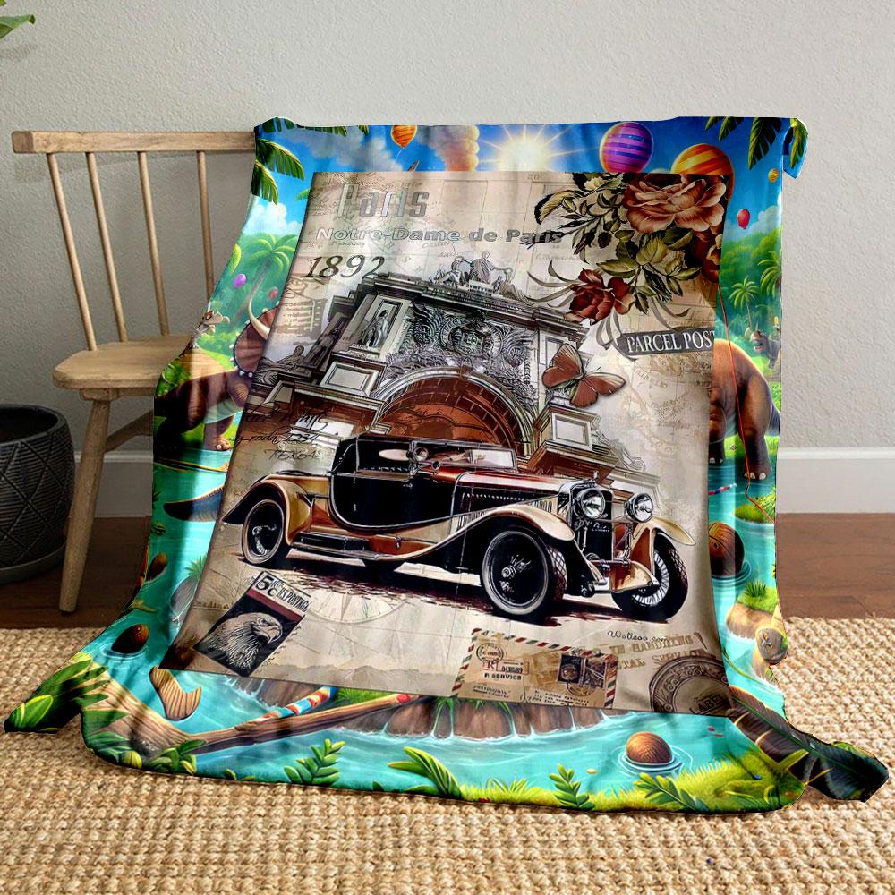 

Retro Parisian Classic Car Floral Blanket bedroom Blanket for Livingroom Couch lunch break Soft throw for Friend s festival Gift 80cm x 120cm