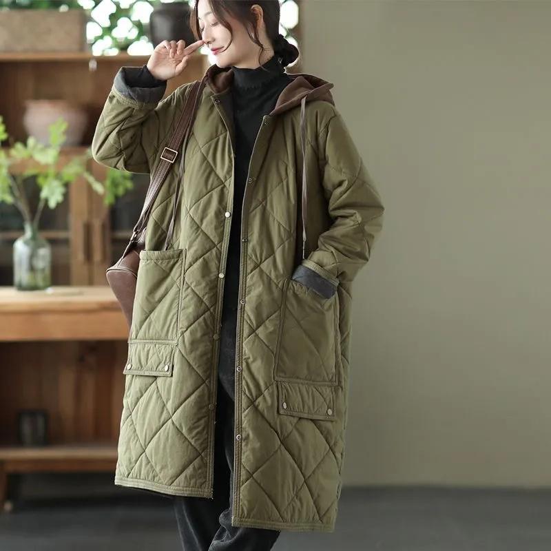 Women's Winter Diamond-pattern Hooded Literary Warm Coat, Loose and Casual Mid-length Quilted Thick Coat