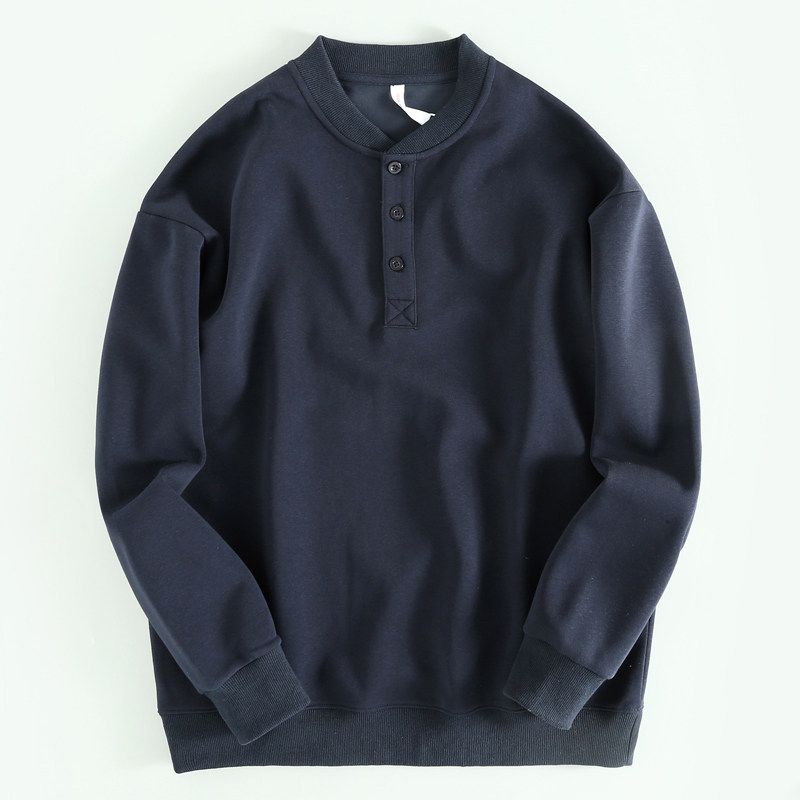 and American New Foreign Trade Knitted Comfortable Breathable Loose Casual Henry Collar Long sleeve Hoodie Men s Spring and Autumn Bottoming Shirt Royal Blue XL