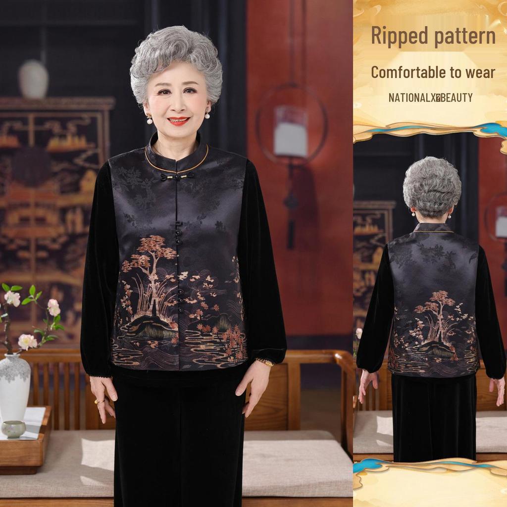 Stylish Chinese Frog Button Vest for Middle-Aged & Elderly Women - Grandma's Spring & Autumn Stand Collar Wear