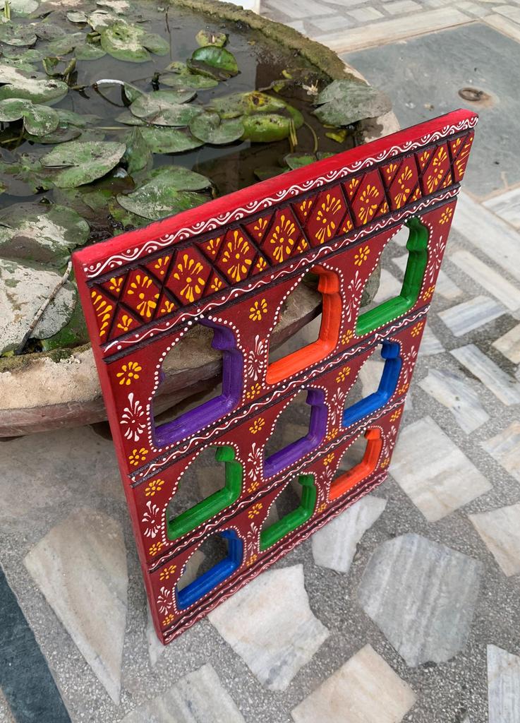 Colorful Hand Painted Wooden Wall Hanging | Indian Jharokha Style Folk Art | Boho Ethnic Home Decor