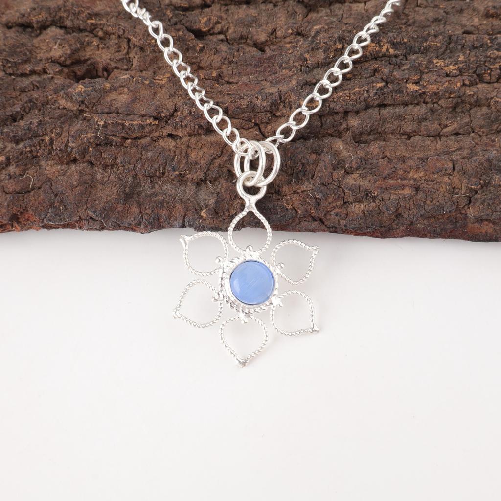 Dark Blue Cat'S Eye Gemstone 925 Sterling Silver Friend Gift Birthday Pendant PP-18-43