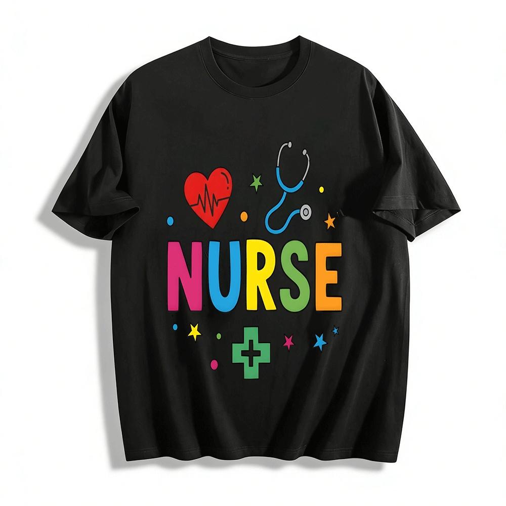 Nurse Themed Printed Casual Tee Heart Stethoscope Pattern Top Pure cotton T-shirt XXS