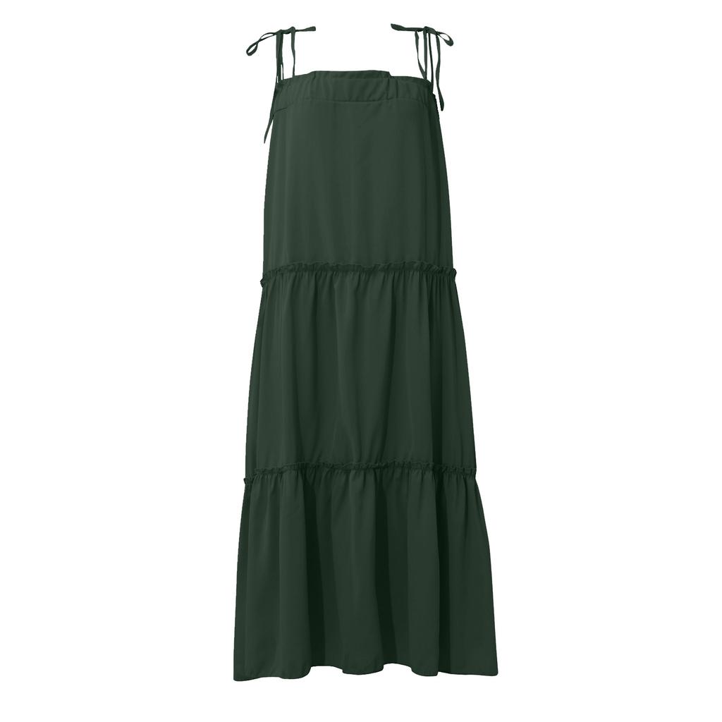Women Adjustable Spaghetti Straps Sleeveless Dress Casual Loose Pleated Sling Beach Dress Long Dress