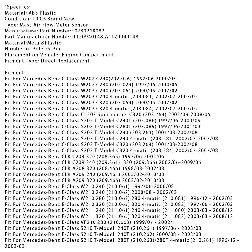 Mass Air Flow Meter Sensor For Mercedes-Benz W203 W211 W163 W220 1120940148