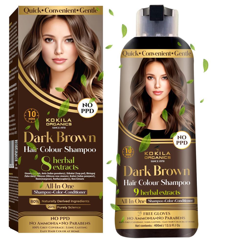 Kokila NO PPD Shampoo Haarfarbe - Dunkelbraun 400ml für Damen und Herren | Natürliche Extrakte | Färbt Haare in 10 Minuten | Ammoniakfrei, Parabenfrei