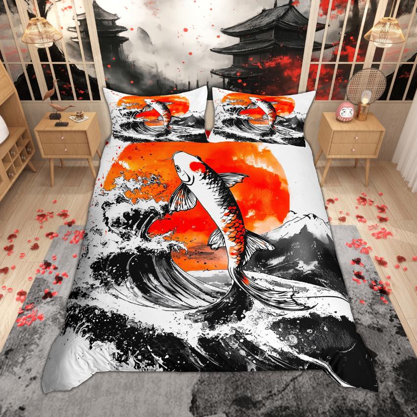 Homewish Japonský styl povlak na přikrývku Sada povlaků na polštář Tradiční Ukiyo-e sada povlečení Vintage sada povlaků na přikrývku s motivem mořské vlny