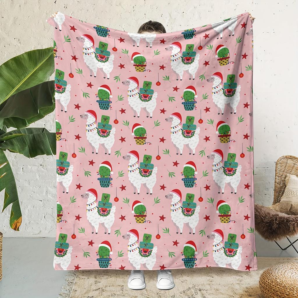 Christmas Llama & Cactus Digital Print Flannel Throw Blanket - Soft Warm Fleece Blanket for Sofa, Home, Office, Napping, Travel