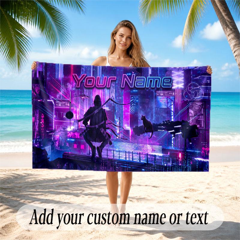 City Cyberpunk Theme Soft Beach Towel Personalized Custom Name Text Towel Portable for Beach Pool Travel