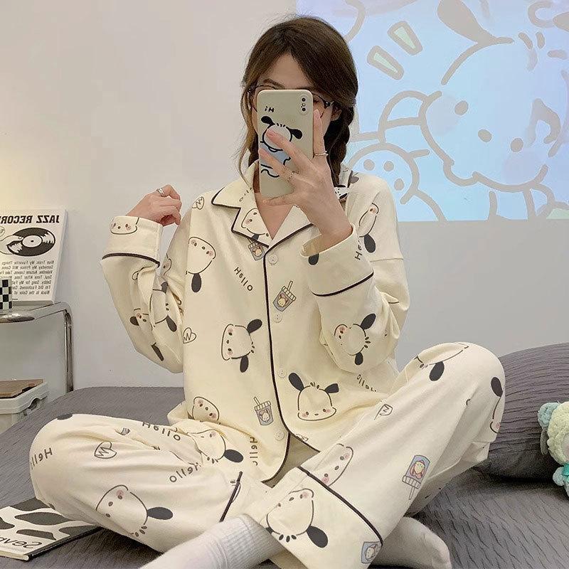 Cartoon Bear Spring and Autumn French Pajamas Female Cartoon Imitation Cotton Long-sleeved Trousers Cloud Cotton Casual Loungewear Set