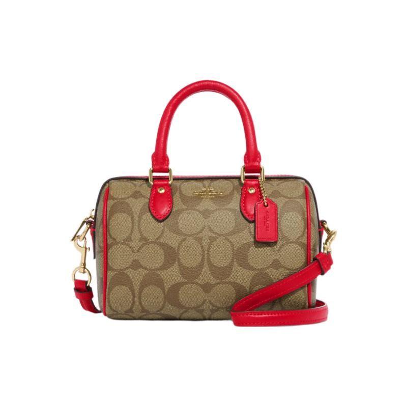 Coach Mini Rowan 18 Monogram Print Color Block Leather Shoulder Tote Bag Women handbags Rose Brown CH469-IMVGQ Basic Set (Bag+Dust Bag)