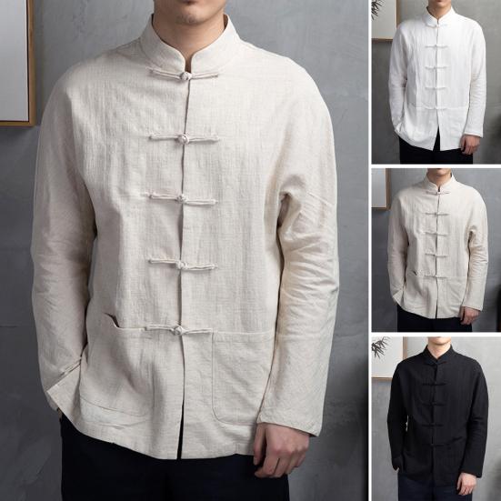 Men's Spring and Autumn Models Plus Size Loose Long Sleeved Shirt Chinese Men's Retro Style Stand Up Collar Shirt