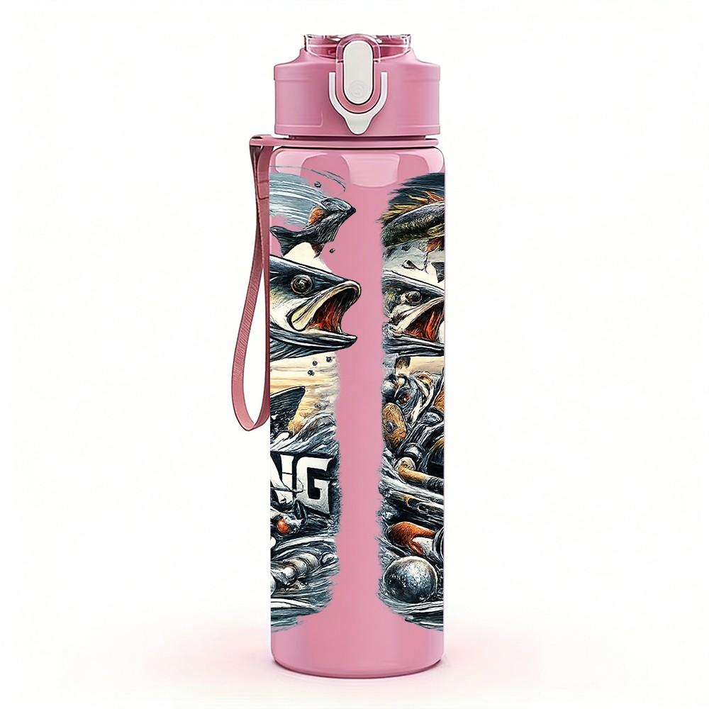 1PC Fishing Bass Fish Outdoor Scene Print 750ml Color Plastic Sports Water Bottle Leakproof Flip Straw Lid Suitable for Sports Office Home Use