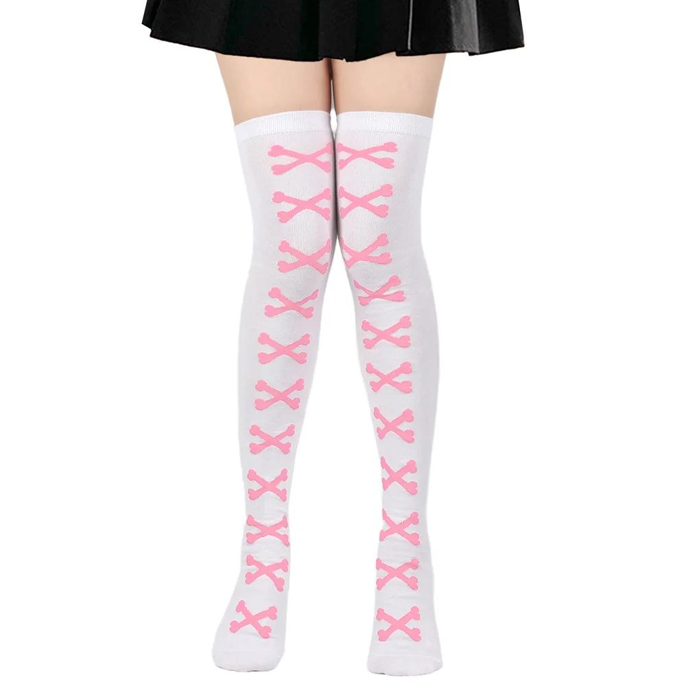 Oberschenkelhohe Socke Damenstrümpfe Knochen Damen Halloween Schwarz Weiß Rosa Gestreift Lang Über dem Knie Socke Lustig Cosplay Harajuku