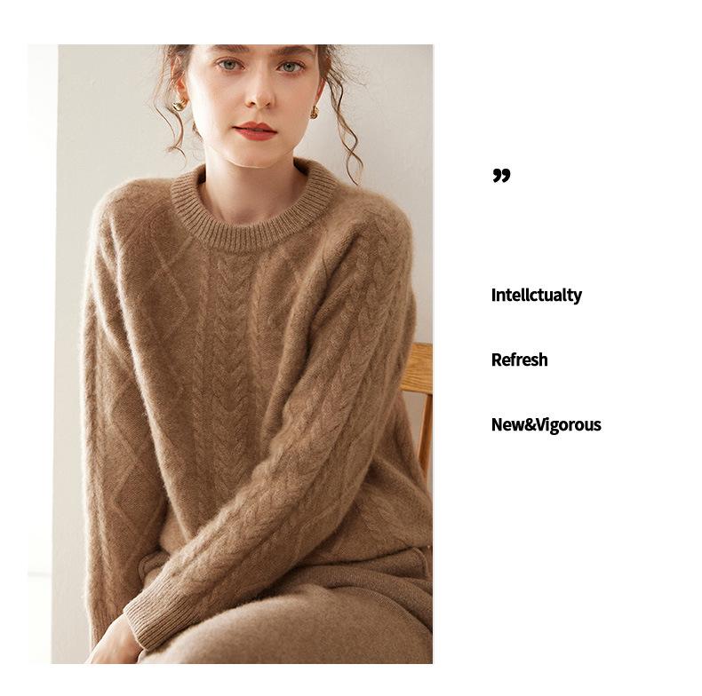 Women's Thickened Cashmere Raglan Sweater - Long Sleeve Jacquard Knit Pullover with Round Neck