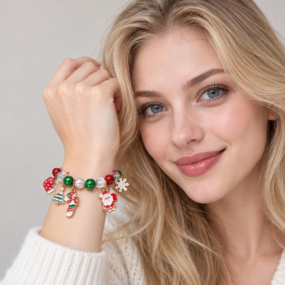 Red Green Christmas Beaded Bracelet Faux Pearls Holiday Wrist Band  Charm Lovers