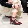 Spring New Coarse Heel Shoes Women Pointed Head Shallow Mouth Rivets Metal Buckle Line Belt High Heels
