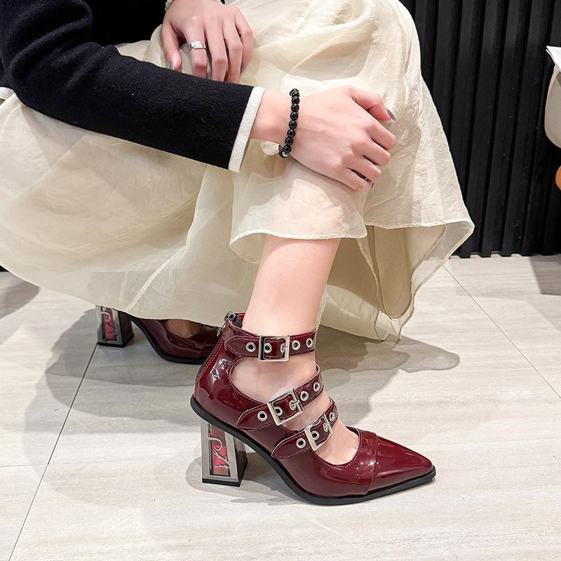 Spring New Coarse Heel Shoes Women Pointed Head Shallow Mouth Rivets Metal Buckle Line Belt High Heels