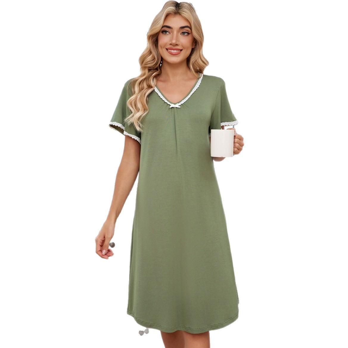 Damen Modal Kurzarm Nachthemd, Spitze V-Ausschnitt Locker Midi Schlafkleid, Weich Atmungsaktiv Schleife Dekor Große Größen Lässig Damen Hauskleidung Nachthemd XL grün