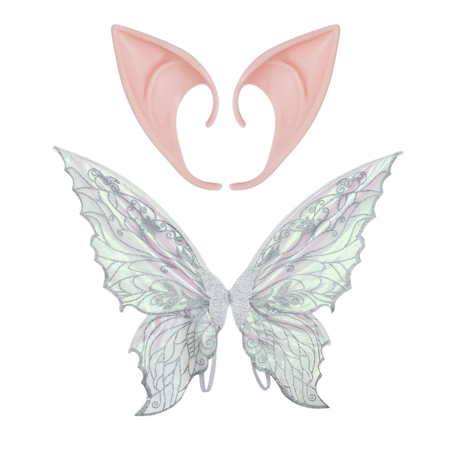 

Градієнтні прозорі крила метелика та гумові загострені вуха ельфа для дітей, дорослих, набір аксесуарів для костюма феї на Хеллоуїн One Size срібний