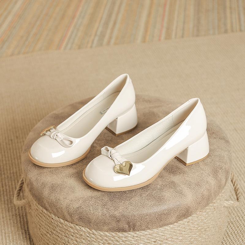 Mary Jane Women's Shoes Bow Love Thick Heel Round Head Light Mouth Single Shoes with Skirt Shoes